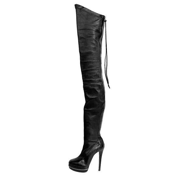 Christian Louboutin OTK Leather Over‑The‑Knee Boots Black EU 37.5 Red Sole - Picture 1 of 7